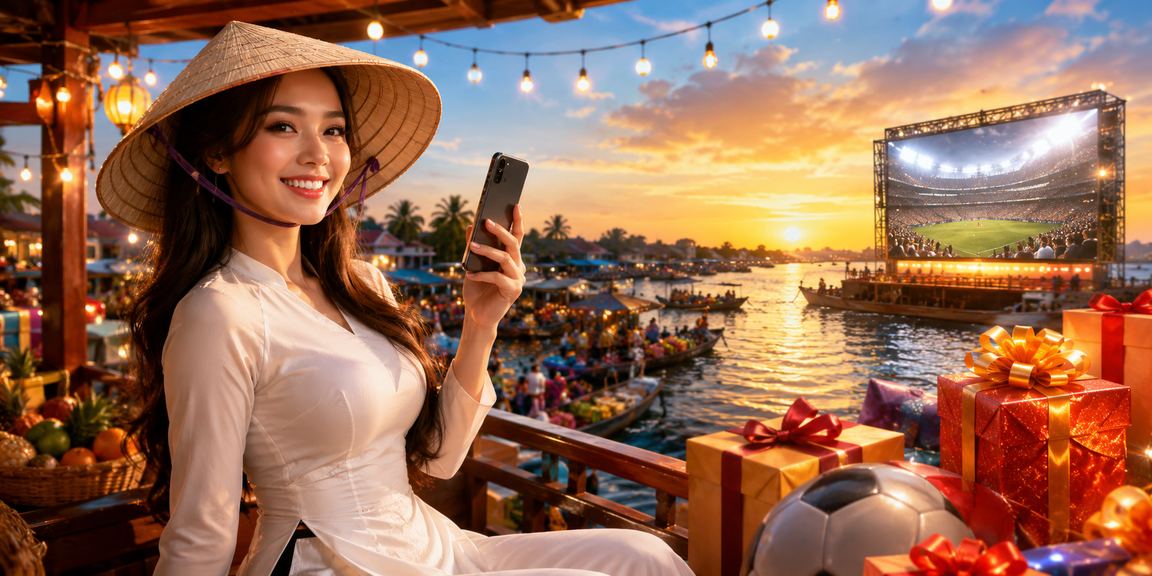 Phụ nữ đội nón lá bên dòng sông Mekong đang đăng ký tài khoản và nhận thưởng chào mừng trên điện thoại
